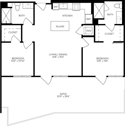 Floor plan for 2 beds, 2 baths, 1054 sqft